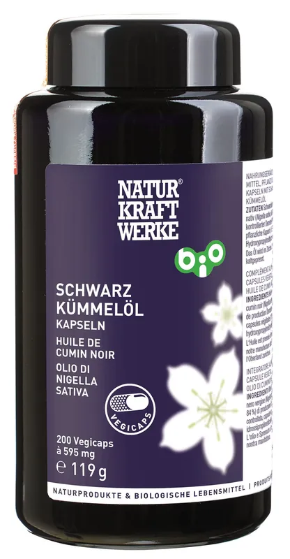 Markenprodukt Naturkraftwerke Schwarzkümmelöl Vegicaps à 595 mg BIO (200 Kapseln)