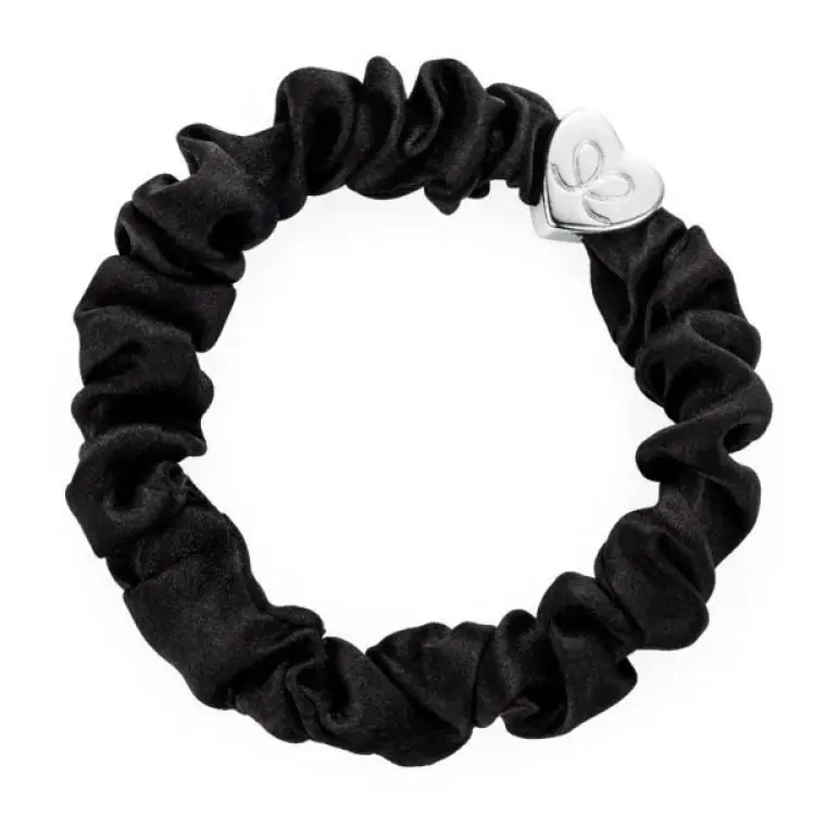 Begrenztes Angebot ByEloise Silver Heart Silk Scrunchie Black