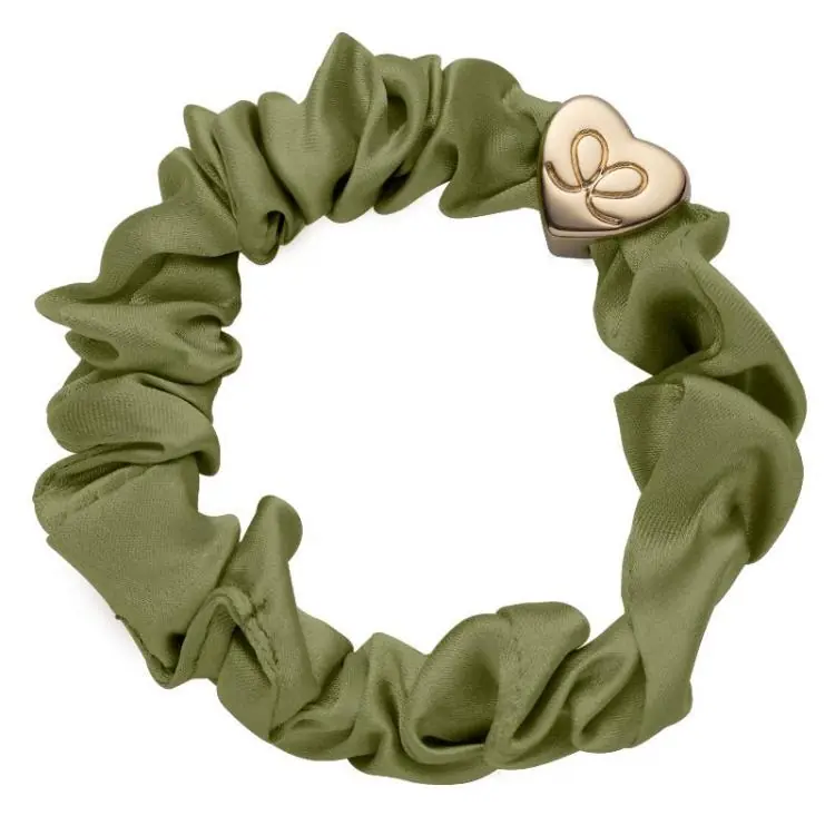 Aktuell ByEloise Gold Heart Silk Scrunchie Olive Green